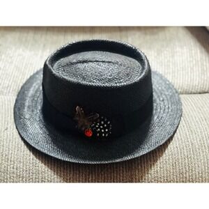 Bruno Capelo Mens Black Straw Fedora Hat Gamblers Collection Orange Button Small
